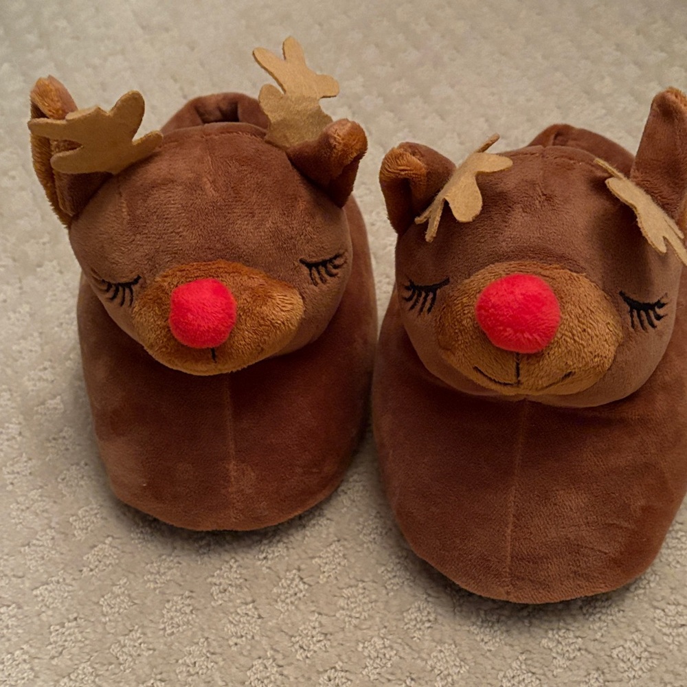 Brown Reindeer Slippers with Red Nose